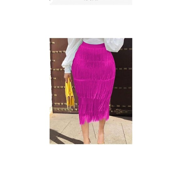 Aomei Women L Tiered Fringe High Waist Pencil Skirt Pink Cha-Cha Skirt New Zip - Picture 11 of 15